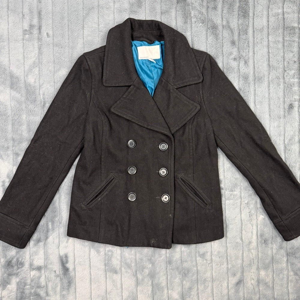 Old Navy Womens Black Wool Blend Double Breasted Pea Coat Teal Lining Size S